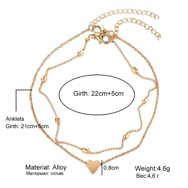 Fnio Two Layers Chain Heart Style Gold/silver Color Anklets For Women