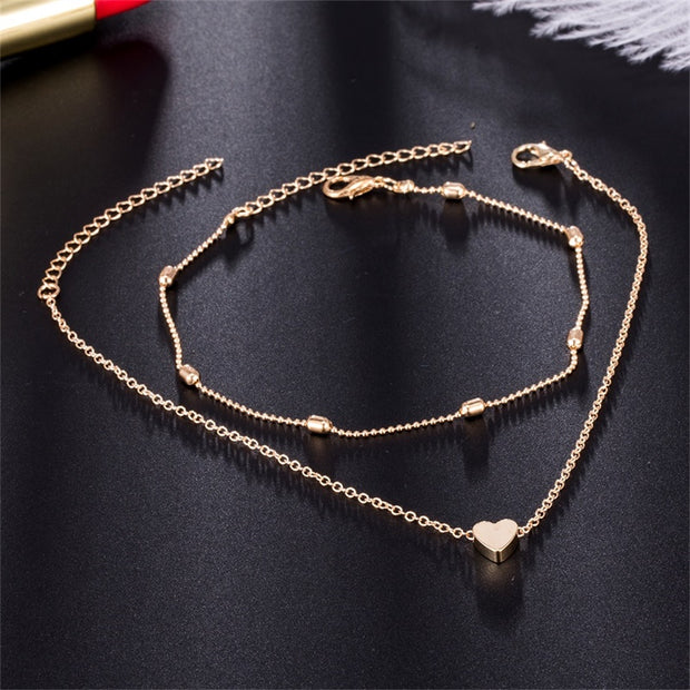 Fnio Two Layers Chain Heart Style Gold/silver Color Anklets For Women