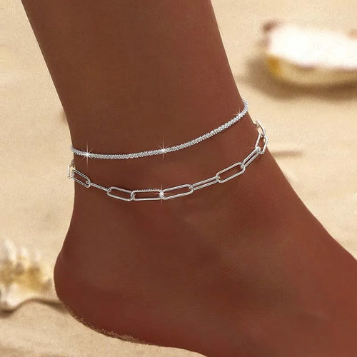 Sparkling Thin Chain Anklet For Women Zircon Heart Cross Pendant