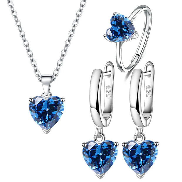 925 Sterling Silver Jewelry Sets For Women Heart Zircon Ring Earrings