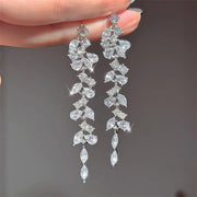 Luxury Leaf Crystal Long Earrings Women Fashion Rhinestone Drop