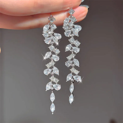 Luxury Leaf Crystal Long Earrings Women Fashion Rhinestone Drop