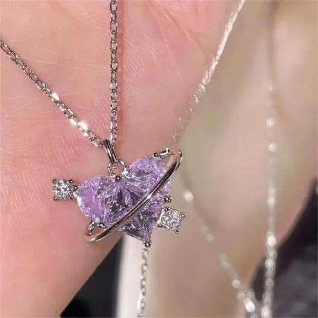 New Fashion Y2K Crystal Heart Planet Pendant Necklace for Women Zircon