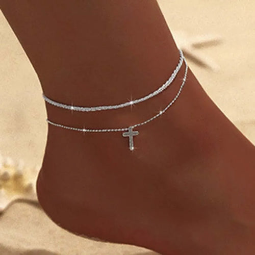 Sparkling Thin Chain Anklet For Women Zircon Heart Cross Pendant