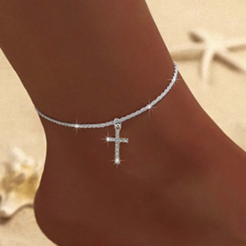 Sparkling Thin Chain Anklet For Women Zircon Heart Cross Pendant