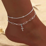 Sparkling Thin Chain Anklet For Women Zircon Heart Cross Pendant