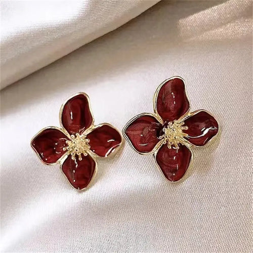 Vintage Gold Color Matte Texture Metal Flower Earrings for Women Girls