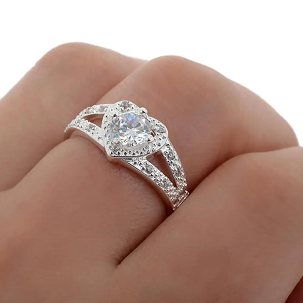 Women 925 Sterling Silver Crystal Love Heart Shaped Ring Bridal