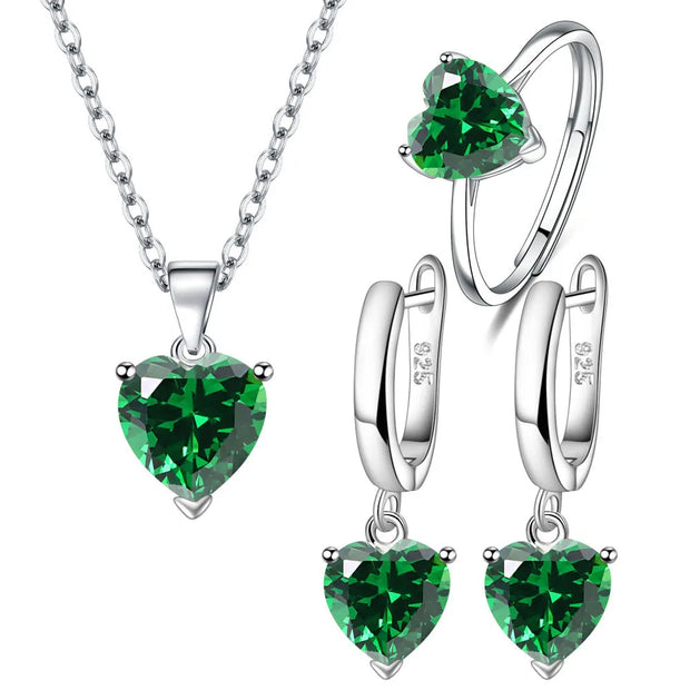 925 Sterling Silver Jewelry Sets For Women Heart Zircon Ring Earrings