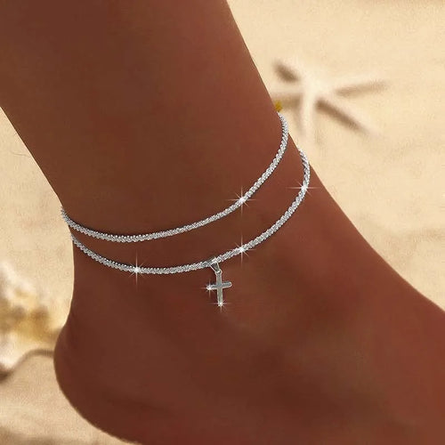 Sparkling Thin Chain Anklet For Women Zircon Heart Cross Pendant