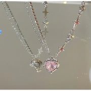 New Fashion Y2K Crystal Heart Planet Pendant Necklace for Women Zircon